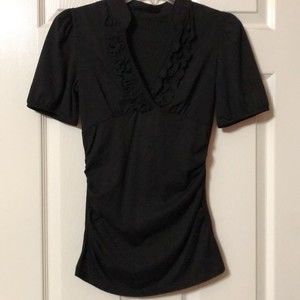Womens Blouse Black V-Neck Top Tuxedo Style Ruffles Size Small Short Sleeve